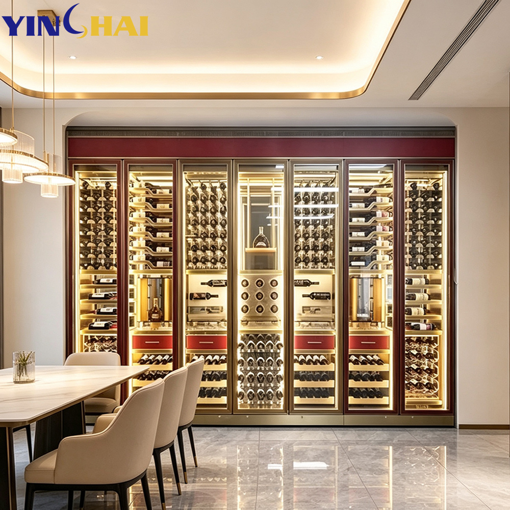 7 Door Full Wall Wine Cellar Gold Frame LED Large Capacity Display
