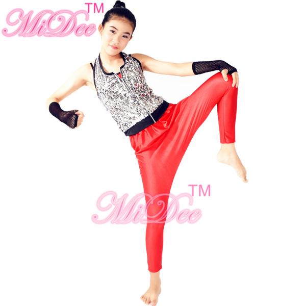 Sporty Hip Hop Dance Apparel Sleeveless Sequin Bodice Red Leotard With Fingerless Gloves