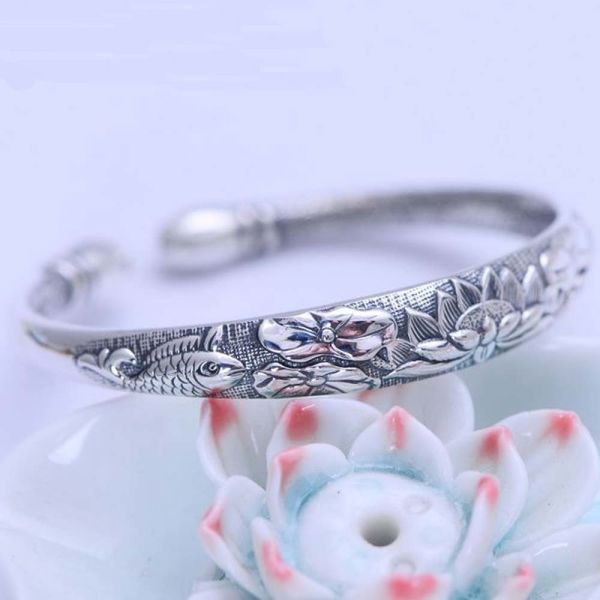 Women Engraved Water Lily Buddhist Sutras Sterling Silver Cuff Bracelet (XH056241)