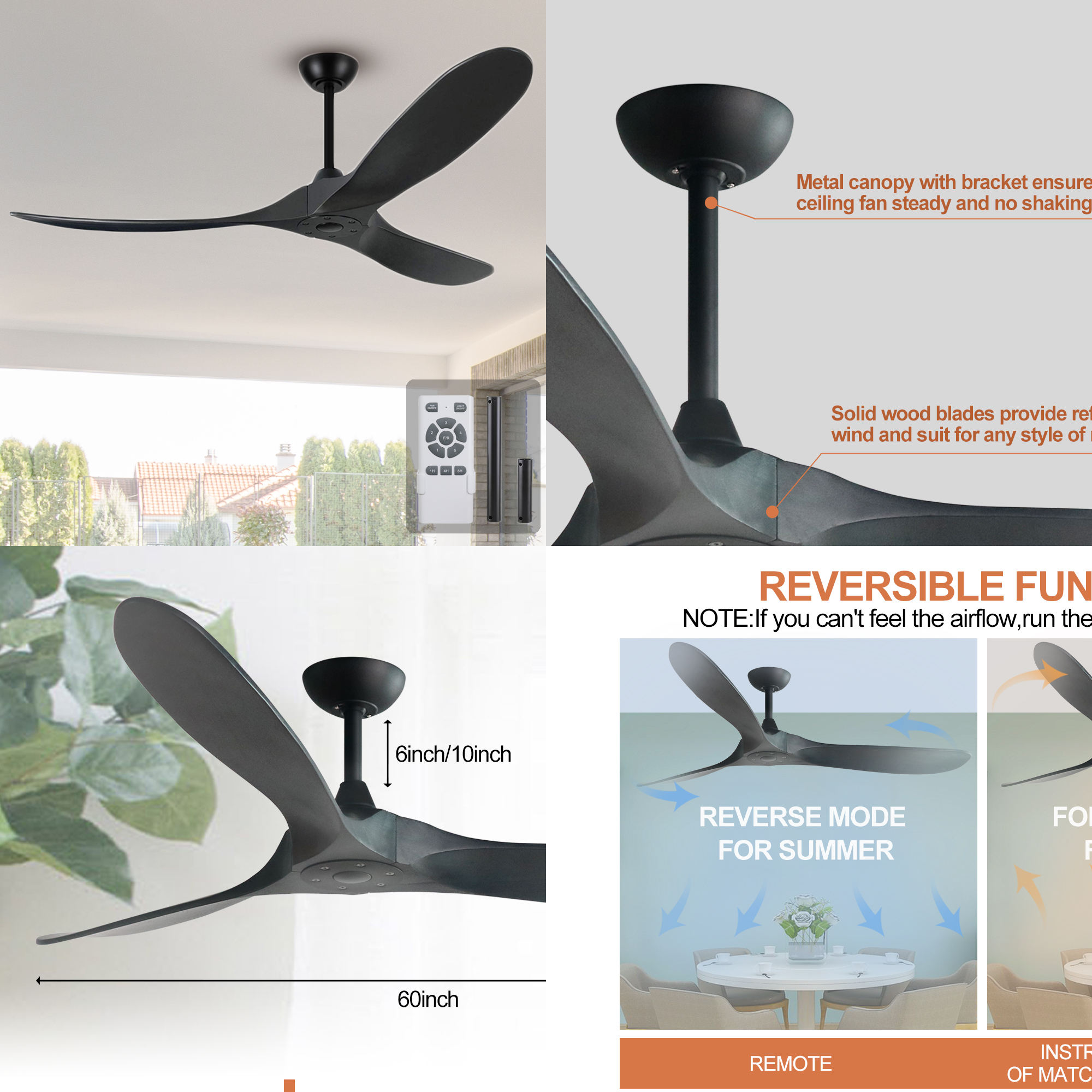 Ventilador de techo negro mate de 60 pulgadas del fabricante con aspas de madera maciza de nogal oscuro, ventilador de techo sin luz