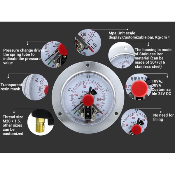 Electric Contact Point Precision Air Pressure Gauge Flange Edge 25 Bar Manometer