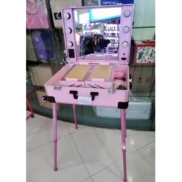 Makeup Case Adjustable Stand Legs Heavy Duty Suitcase Led Light Mirror Cosmetic Rolling 4 Wheels Trolley Makeup Case