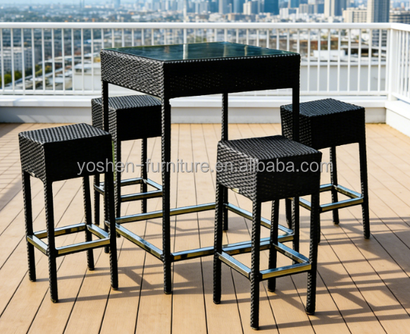 Customized Garden Furniture Rattan bar Table Set  5 Piece Wicker Plastic  Outdoor bar Stool Chairs Table Set