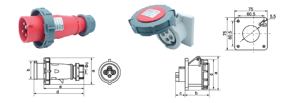 4 булава 3P+E 16Amp Промышленный выход и панель Монтажный розетка IP67