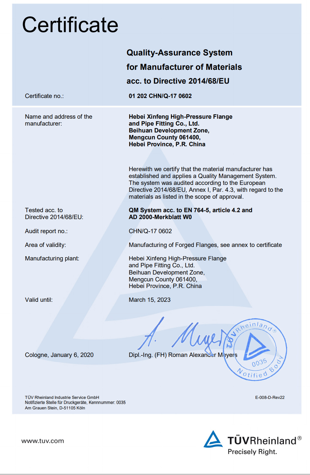 Hebei Xinfeng High-pressure Flange and Pipe Fitting Co., Ltd. Сертификации