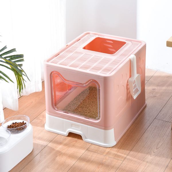 Foldable Large Cat Litter Box Plastic Rectangular Closed For Cats in Pink/Blue/Grey