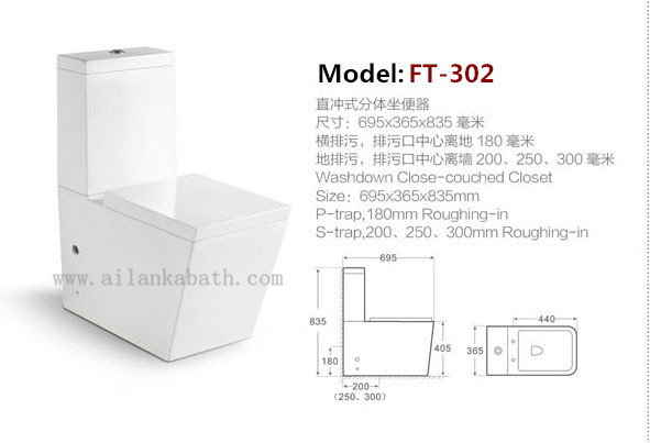 Sanitary Ware Bathroom Washdown Two piece Toilet with 10cm/4inch diameter outlet  Ceramic Toilets