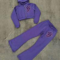 Fabricant personnalisé Jogger 100% coton 3D brodée Strass Fermeture à glissière jusqu'à coupé Hoodie Jogging Sweatsuits femmes automne ensemble