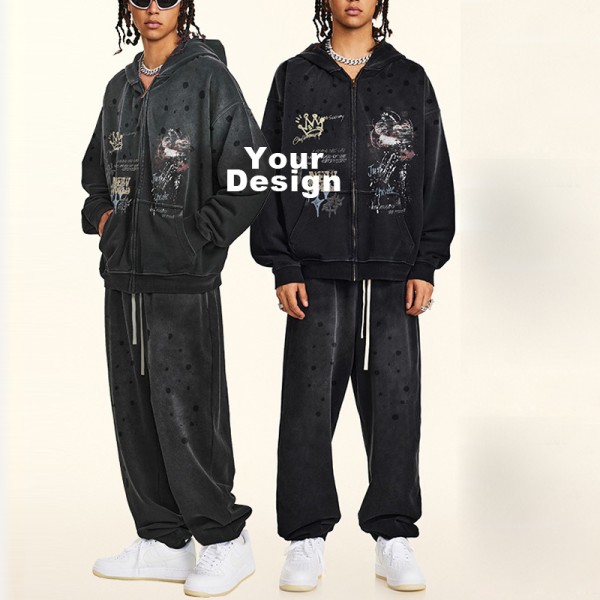 410G American Street Graffiti Print Full Zip Hoodie Oversized Zip Jacket | OEM ODM Custom Logo, Replaceable Fabric, Multiple Pantone Color Codes, Low MOQ