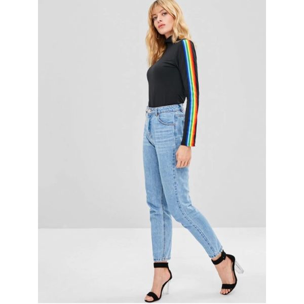New Fashion Rainbow Stripe Long Sleeve Cotton T Shirt