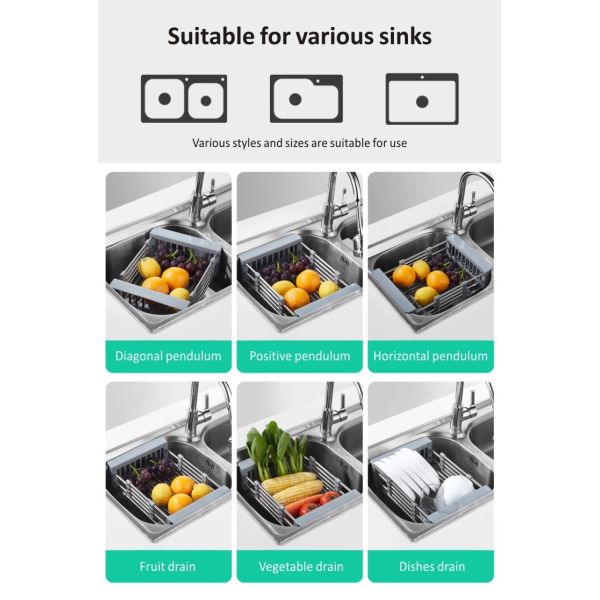 HOMES Stainless Steel Sink Accessory Adjustable Armrest Telescopic Kitchen Sink Drain Basket