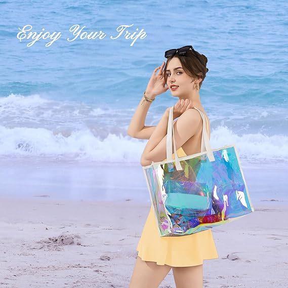 Vinyl beach totes handy bag, handle bag, should bag, Clear bag, Holographic Tote Bags, Iridescent Waterproof Top Handle Bag, Clear Jelly Totes Vocation Party Beach Bag