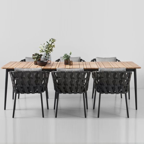 Outdoor Furniture Dining Room Set with Aluminum Frame Teak Wooden Dining Table and Chairs
