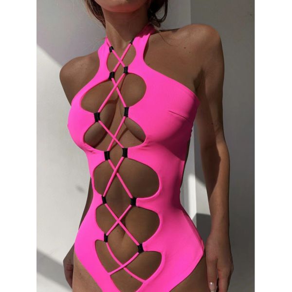 Hollow Sexy Solid Color Bikini Fashion Beach Outing Lace Up Bathing Suit