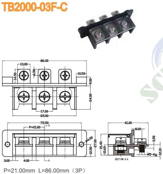 Pénombre 21.00mm 600V 65A 3P Bloc de borne de barrière rangée unique PBT M5 Connecteur de bloc de borne de puissance