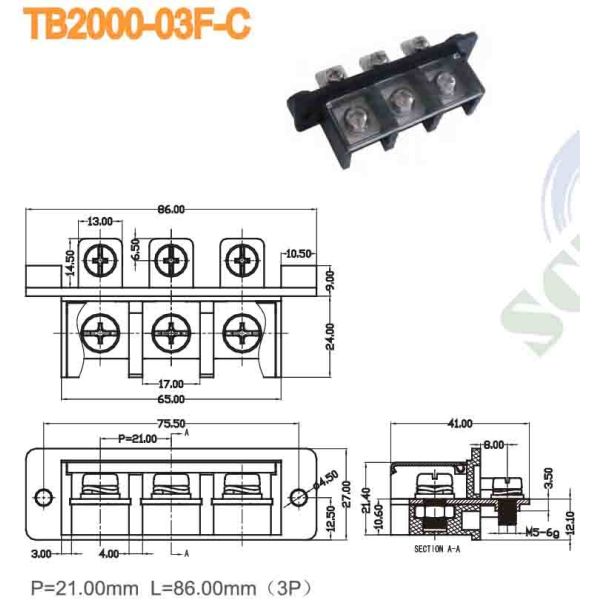 Pénombre 21.00mm 600V 65A 3P Bloc de borne de barrière rangée unique PBT M5 Connecteur de bloc de borne de puissance