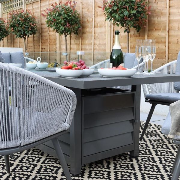 Metal AJUNION 6 Seater Outdoor Furniture with Fire Pit Table and Rope Weave Armchair