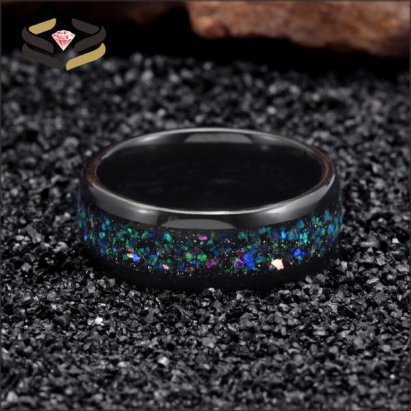 Men'S Domed Black Tungsten Carbide Wedding Band Ring 8mm With Galaxy Opal Inlay