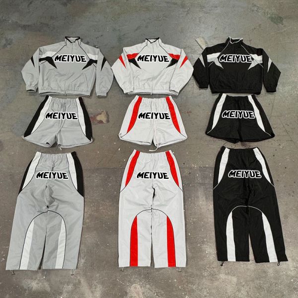 Custom Logo Windbreaker Nylon Sweatshirt Streetwear Vintage Zip up Hoodie and Flared Sweatpants Set Oversized Tracksuit for Men