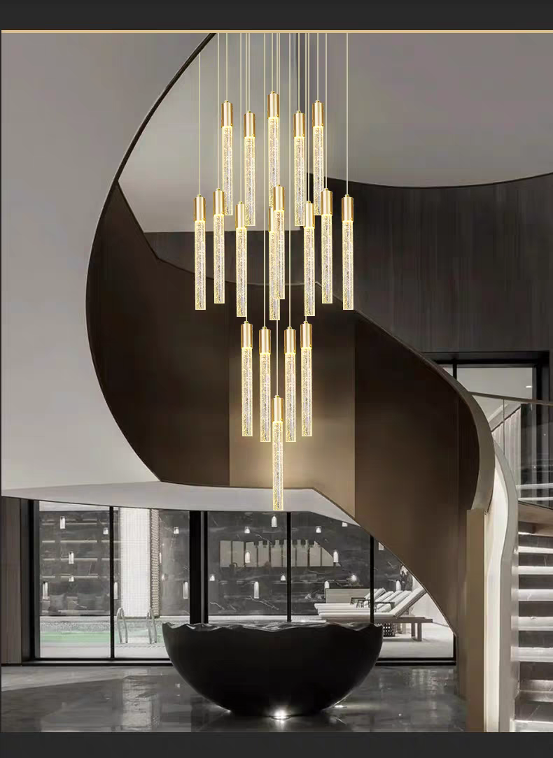 Lumière pendant d'escalier de luxe moderne intérieur de l' hôtel or / noir Crystal Stick Design
