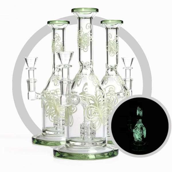 Luminous Butterful Glass Bongs 7mm Thick With Matrix Percolator Smoking Pipes