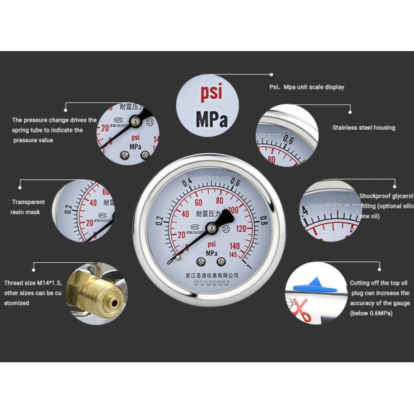 62.5mm NPT1/4 Spring Tube Manometer with 16bar Nominal Diameter and NPT1/4 Connection