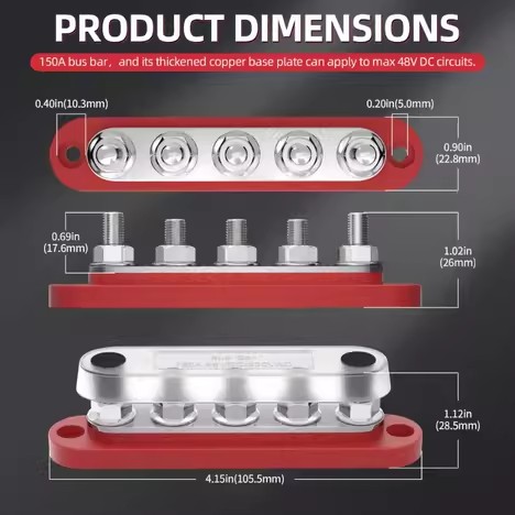 150A 48V DC Red Black 5 Way M6 Stud Busbar with Cover
