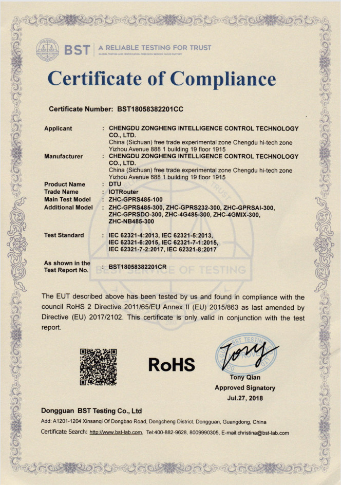 Chengdu Zongheng Intelligence Control Technology Co., Ltd. Сертификации