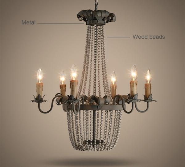 Wood Bead Chandelier Light Fixtures 6 Lights For Living room Bedroom Lighting (WH-CI-05)