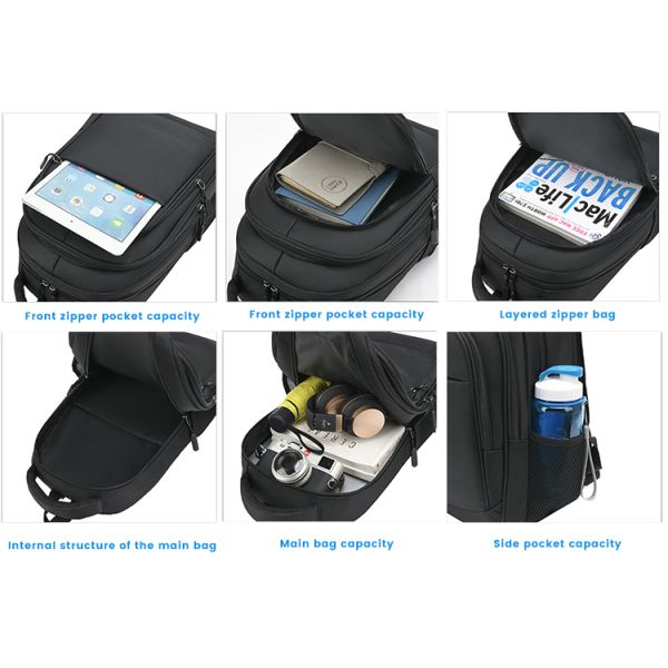 Black Custom Logo Unisex Ergonomics Anti Theft Smart Nylon Laptop Backpacks with USB