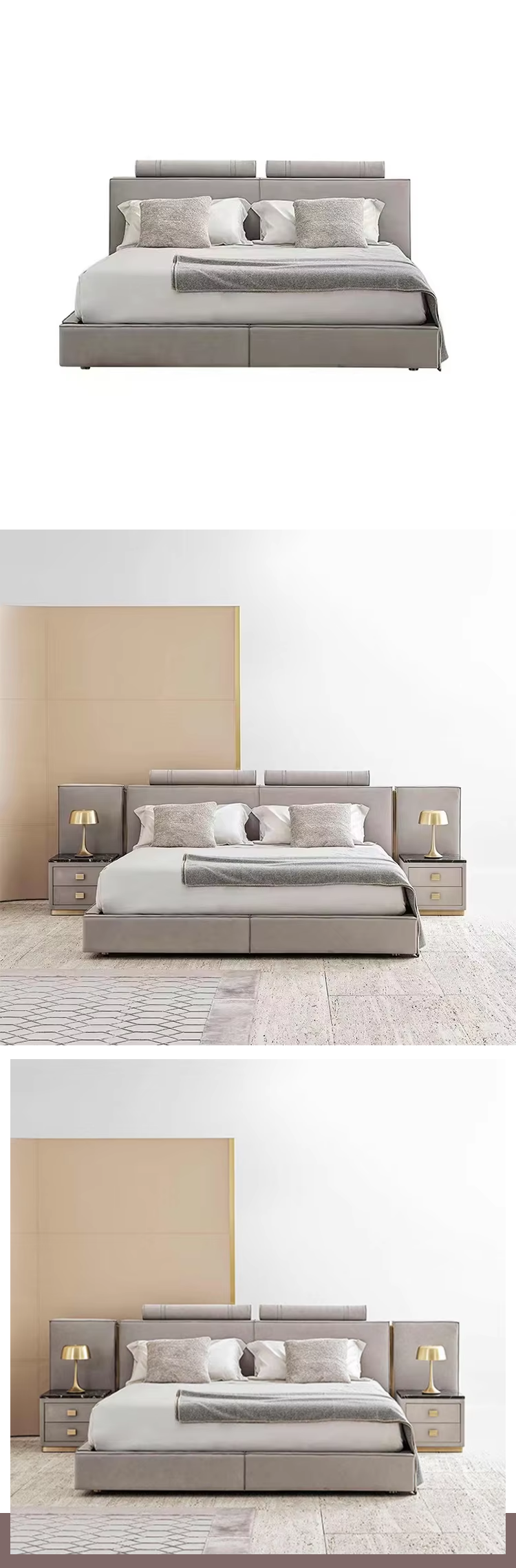 Factory Custom Luxury Modern Full Grey Bed Room Wooden Frame Furnitures Bedroom Set