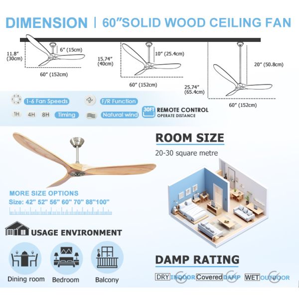 Ventilador de teto de 60 polegadas com controle remoto e vento natural