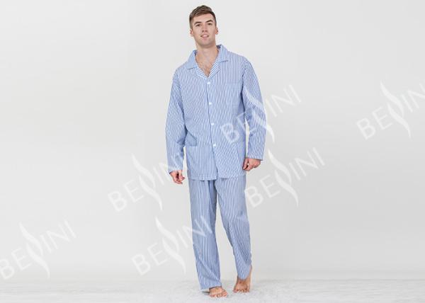 Blue Striped Style Mens Luxury Sleepwear / Mens Long Sleeve Pjs Fashion Design