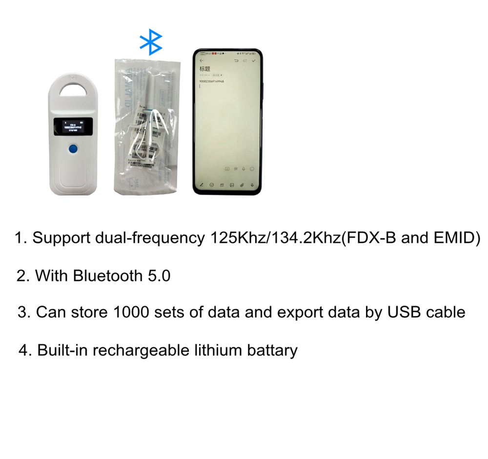 Portable Bluetooth 134.2Khz/125Khz Dual Frequency Microchip RFID Reader For Cats and Dogs