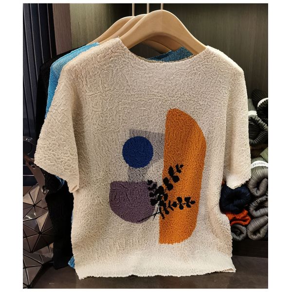 Women's French Style Short-Sleeved Printed T-Shirt  Casual Versatile Top Large Size Knitted Summer