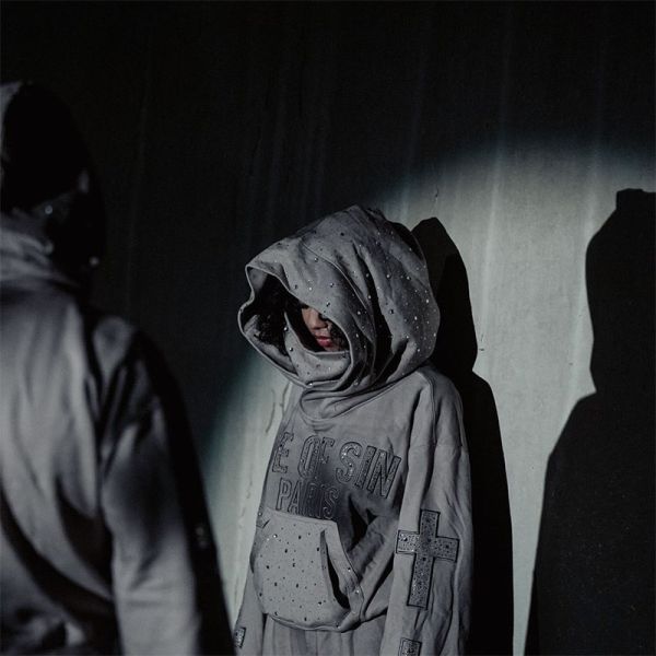 Traje de sudor personalizado de piedra de rincón suéter de aflicción con máscara con parche bordado con capucha con bolso apilado con pantalón de sudor