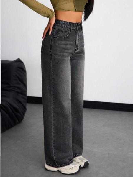 Inky gray high-waisted straight-leg jeans for women