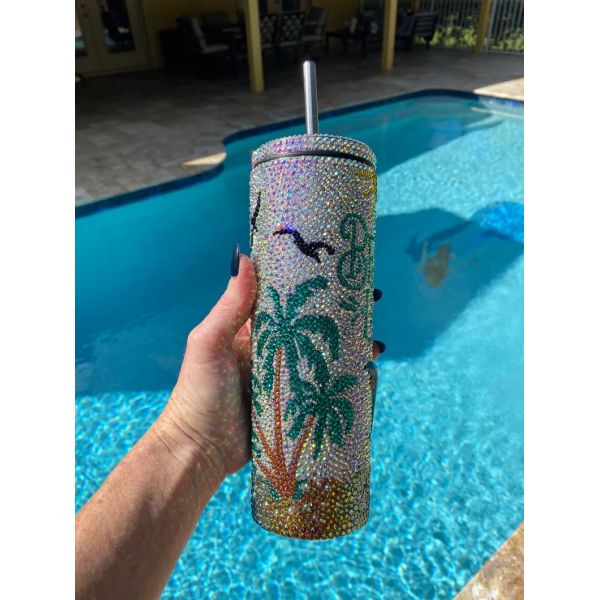 Personalized 20 Oz Plastic Water Bottle Bling Rhinestone Tumbler Water Bottle With Handle And Straw Screw Lids Double Wall Insulation