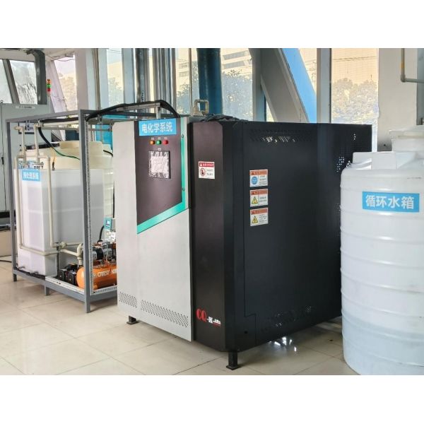 Electrochemical semiconductor wastewater treatment equipment. No chemicals are required, no solid waste is generated, and the electrodes do not scale or clog.