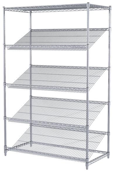 Goods Display Slanted Wire Shelving Units , 5 Tier Chrome Plated Steel Rack