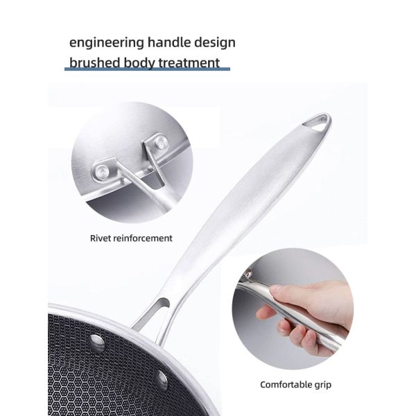 Custom OEM/ODM Kitchen Honeycomb Frying Pan 18/8 Stainless Steel Frypan Non Stick Cooking Pan With Glass Lid