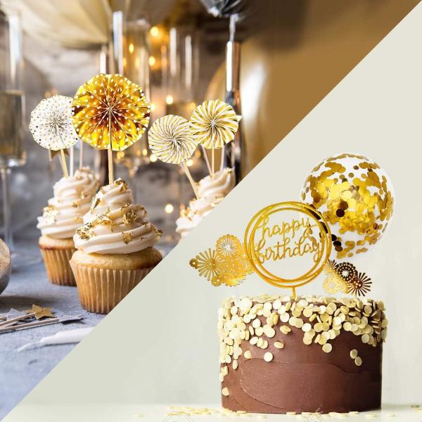 Birthday Paper Fans Banner Confetti Balloon Fireworks Golden Cupcake Topper For Gold Theme Party Decor Girl Boy Kid