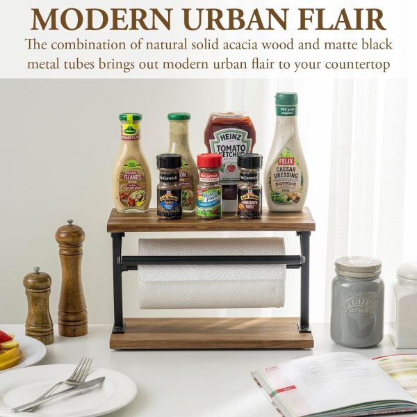 Upgrade Your Kitchen with This Solid Acacia Wood Paper Towel Holder and Top Display Shelf