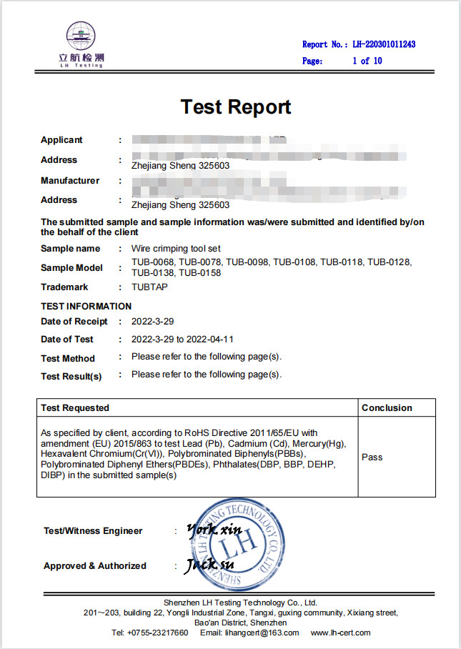 Yueqing Zhuorui Hardware Tools Co., Ltd Сертификации