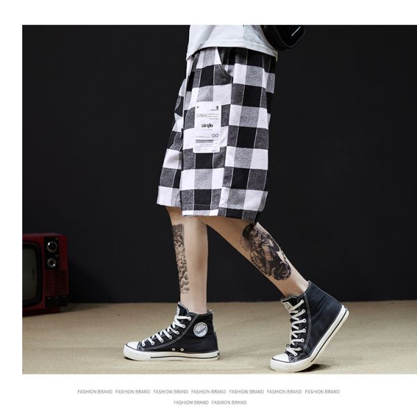 BEIANJI Coton Polyester Noir Blanc Short à Carreaux Teint en Vêtement