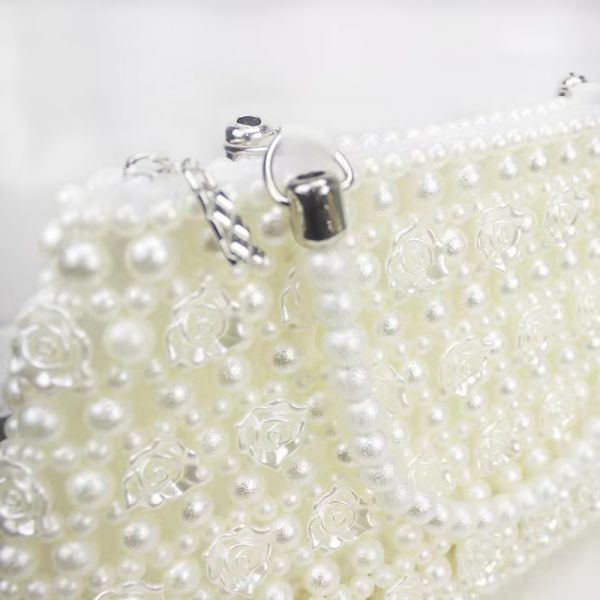 White 6mm Pearl Clutch Handbag Hand Woven Gold Rose shape OEM ODM