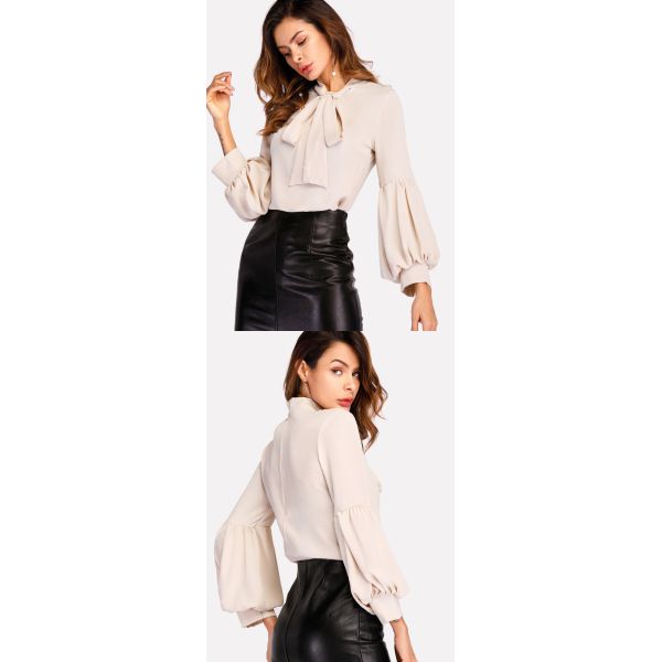 Tie Neck Balloon Sleeve Elegant Ladies Blouse