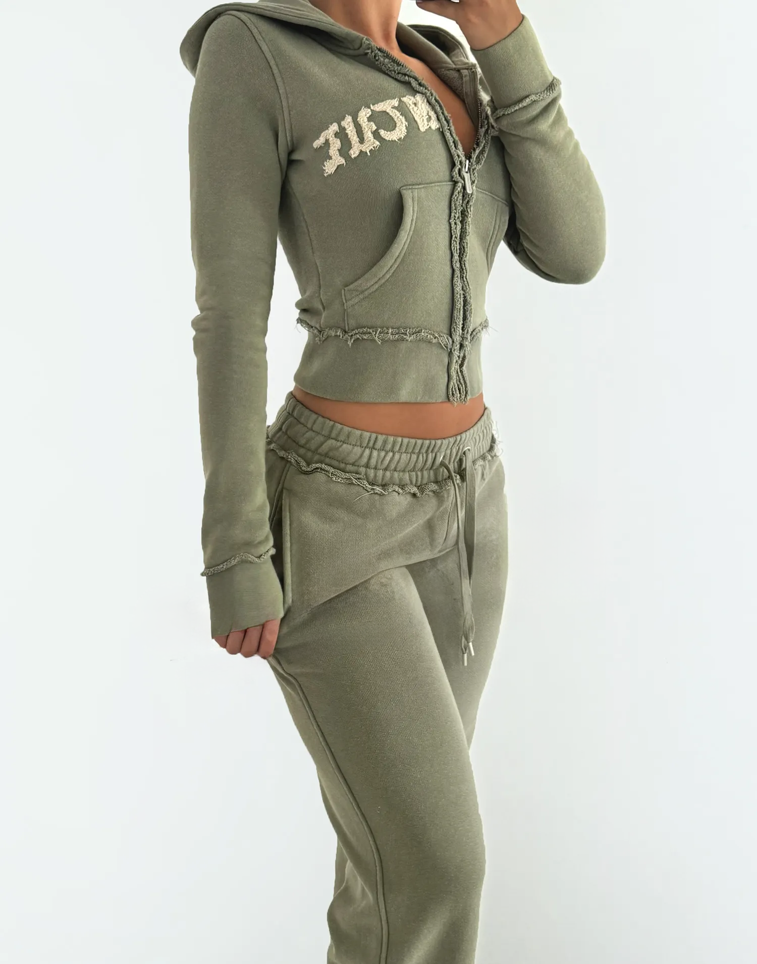 Custom Embroidered Acid Wash Tracksuits for Women 100% Cotton Flared Sweatpants and Hoodie Set