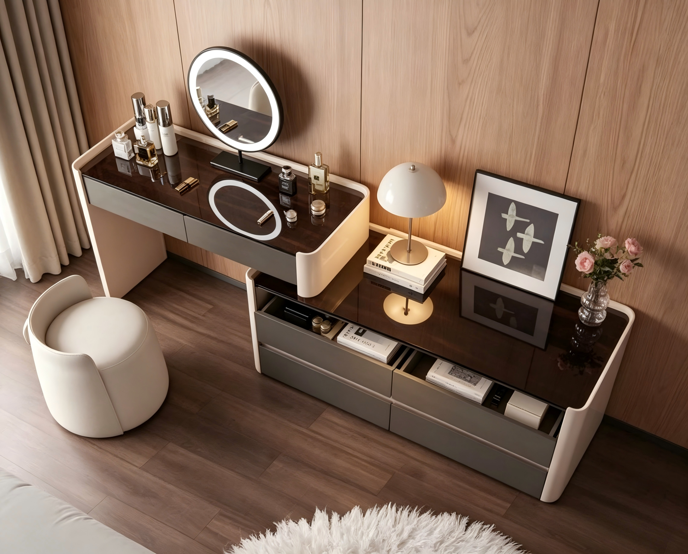 Modern Extendable Vanity Desk With Dresser Combo Apartment Furniture