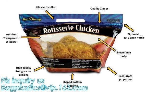 High temperature hot roast chicken bag grilled chicken stand up bag with handle, food grade plastic bag with zipper